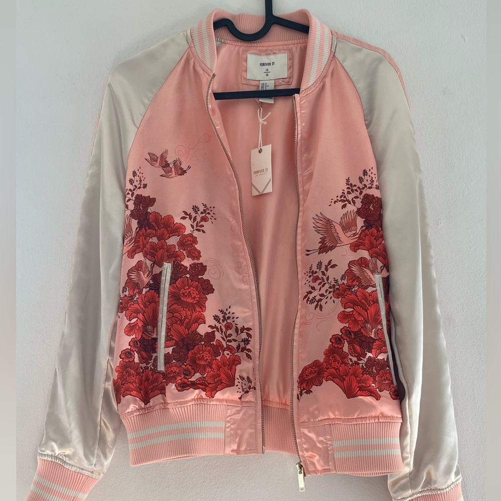 Pink Satin Floral Retro Bomber Jacket